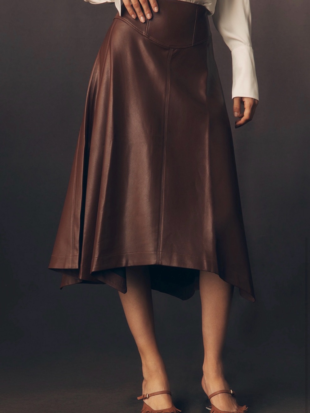 Women's Faux Leather Midi Skirt - Brown